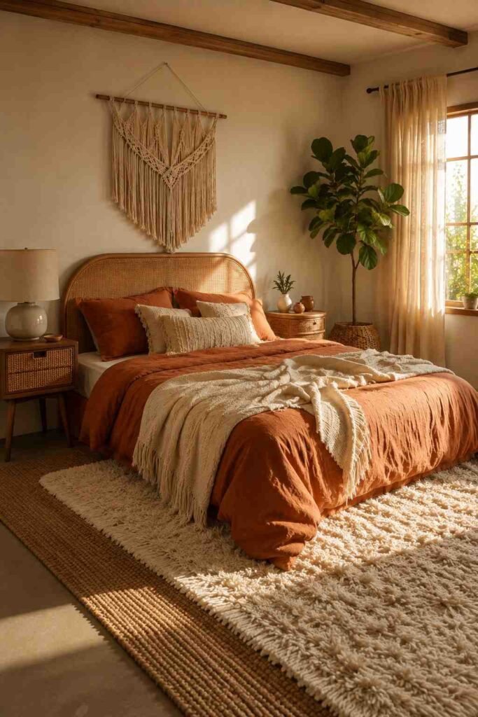 Corner view of terracotta linen bedding and fiddle-leaf fig in a boho bedroom idea with jute rug.