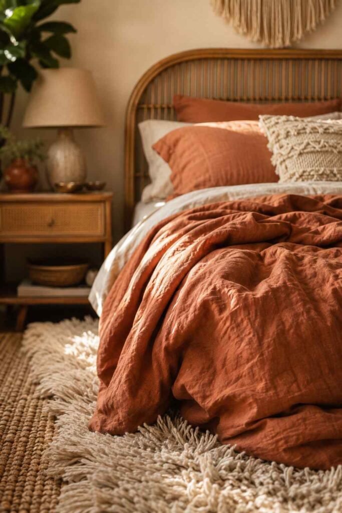 Close-up of linen bedding folds and woven rattan texture in a terracotta boho bedroom idea.
