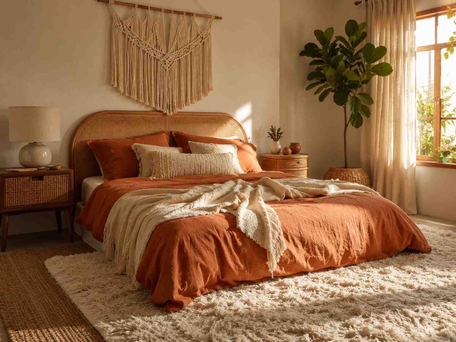 Cream and terracotta boho bedroom with rattan headboard and layered jute rug — boho bedroom idea.