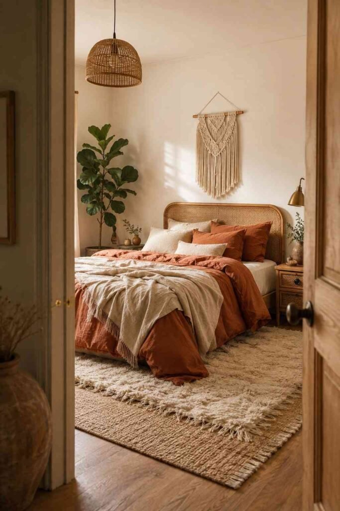 Doorway view into a cream and terracotta boho bedroom idea with layered rug and macramé wall art.