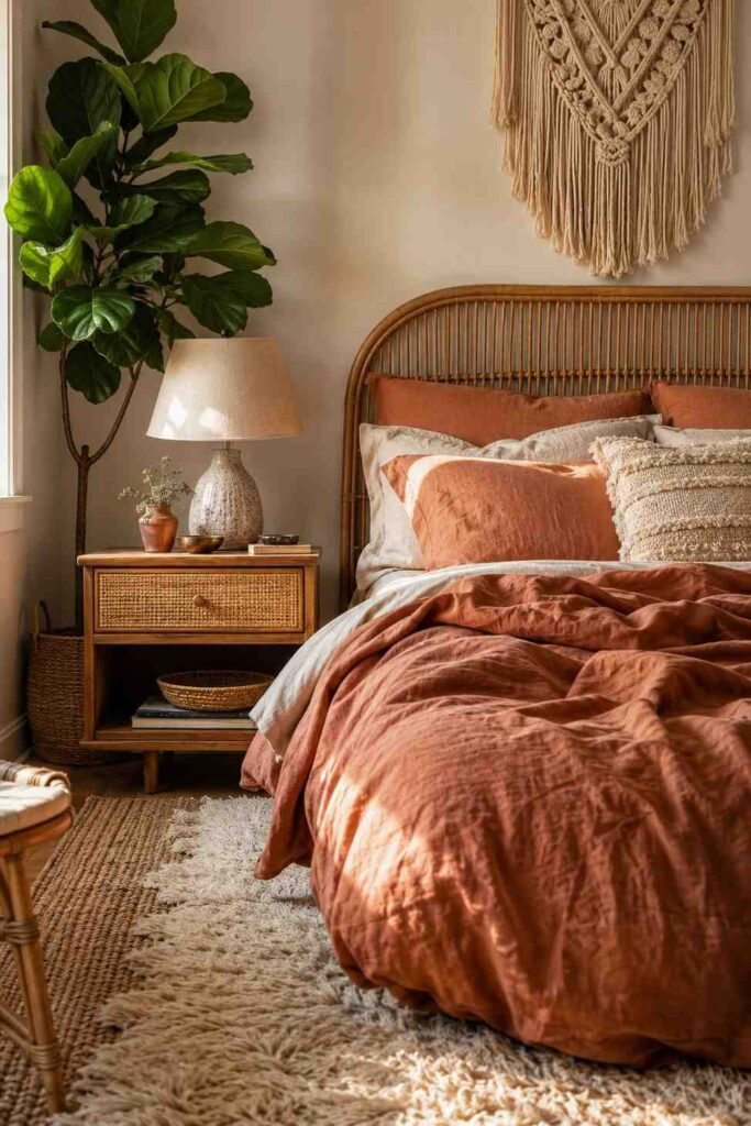 Rattan headboard and mismatched wood nightstand vignette in a cream and terracotta boho bedroom idea