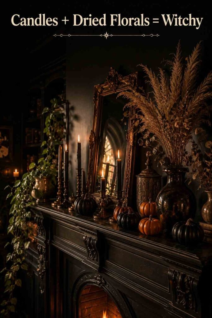 Halloween Aesthetic: 12 Iconic Ideas to Style Your Spookiest Season Yet 2 Close-up of a black stone fireplace mantel styled with brass candlesticks, dried pampas grass, and small black pumpkins.