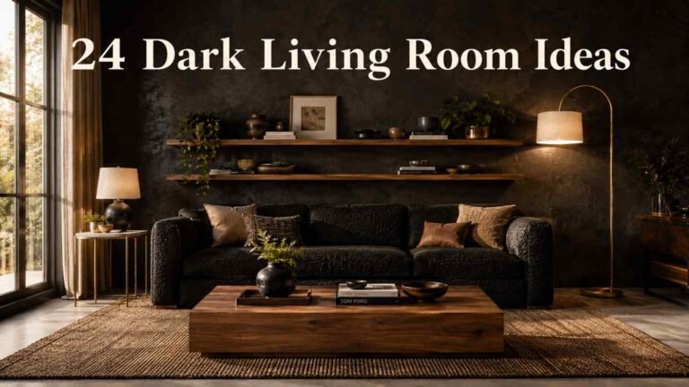 Charcoal living room with warm oak coffee table and brass lamp — moody dark living room idea