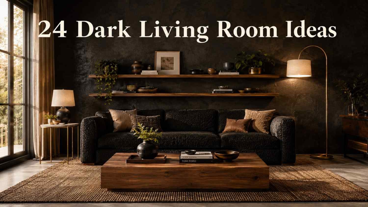 Charcoal living room with warm oak coffee table and brass lamp — moody dark living room idea