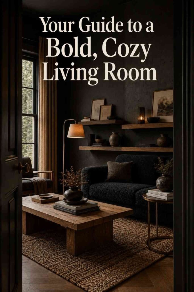 Trendy 24 Dark Living Room Ideas for a Bold, Cozy, and Timeless Space 5 Alternate angle of a charcoal and oak living room in afternoon light, a bold dark living room idea.