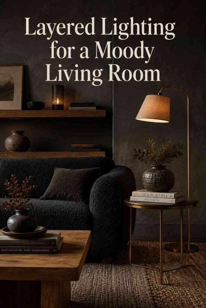 Trendy 24 Dark Living Room Ideas for a Bold, Cozy, and Timeless Space 4 Bouclé sofa and brass side table vignette in a charcoal living room, a warm dark living room idea.
