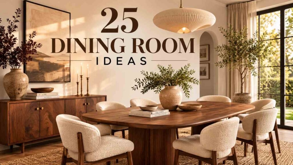 Glamorous 25 Dining Room Ideas to Transform Your Space in 2026 1 Warm minimalist dining room with oval walnut table, boucle chairs, and jute rug — dining room ideas in neutral and walnut tones.