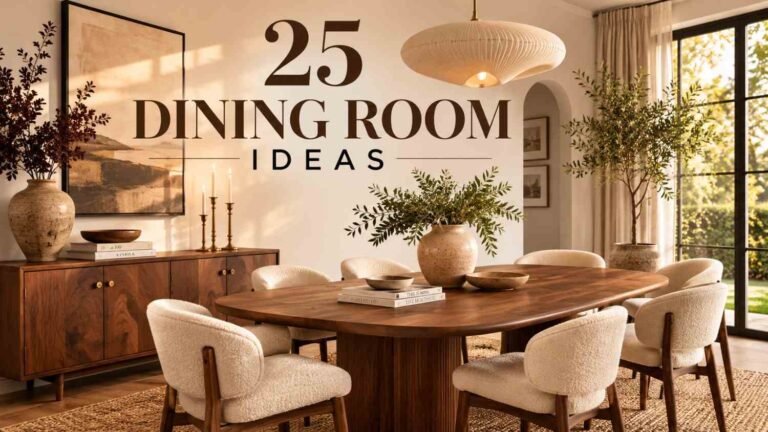 Warm minimalist dining room with oval walnut table, boucle chairs, and jute rug — dining room ideas in neutral and walnut tones.