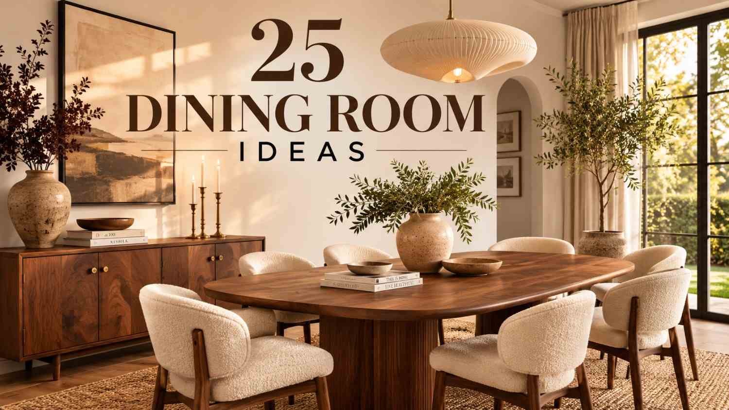 Warm minimalist dining room with oval walnut table, boucle chairs, and jute rug — dining room ideas in neutral and walnut tones.
