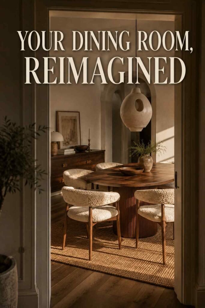 Dining room framed through an open doorway with walnut table and jute rug — warm minimalist dining room ideas.