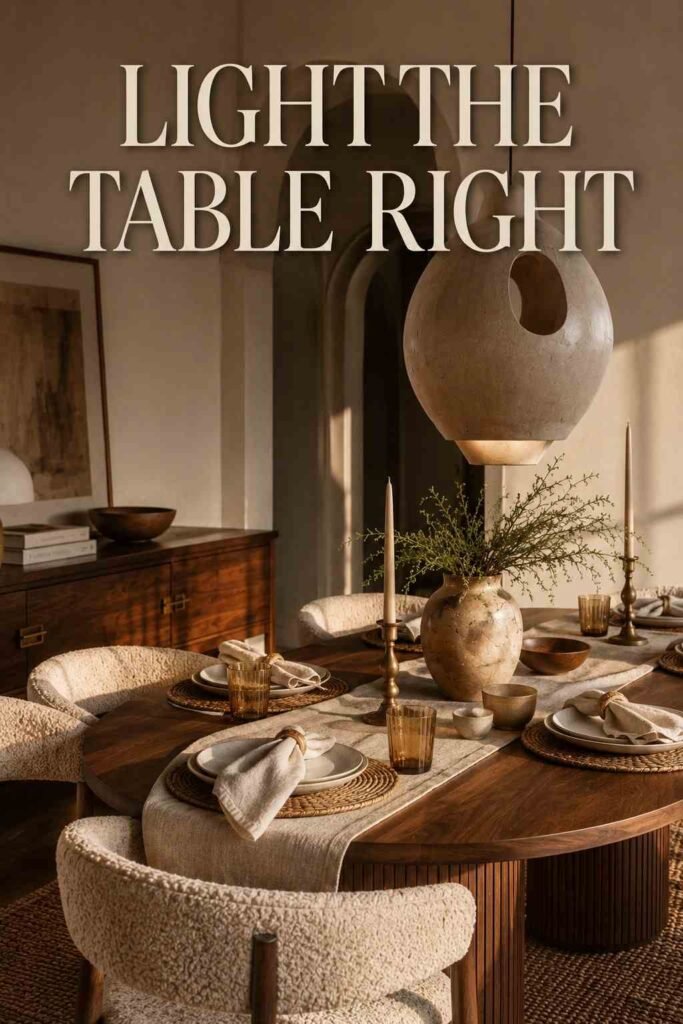 Ceramic pendant light hanging above a walnut dining table with linen runner — dining room lighting ideas.