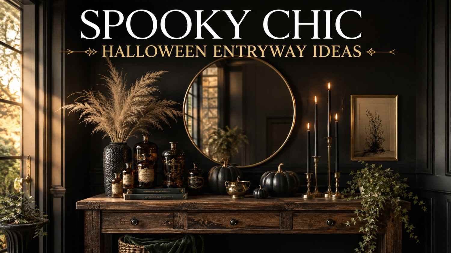 Black and gold Halloween entryway console table styled with apothecary jars, painted pumpkins, and candles beneath a round mirror.