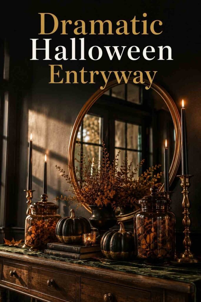 Low-angle view of a moody black and gold Halloween entryway table with candlelight and brass accents,