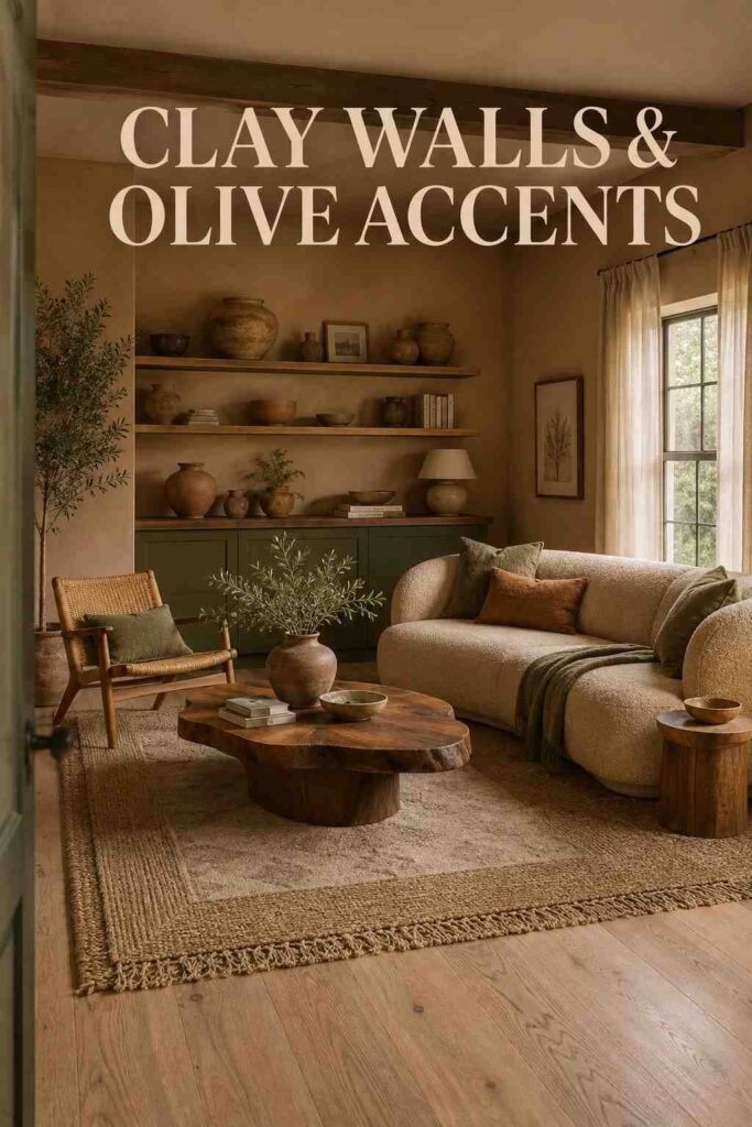 Inspiring 22 Earthy Living Room Ideas to Bring Warmth, Texture, and Calm Into Your Home 2 Corner view of an earthy living room showing clay-toned walls, wood flooring, and layered natural textures.