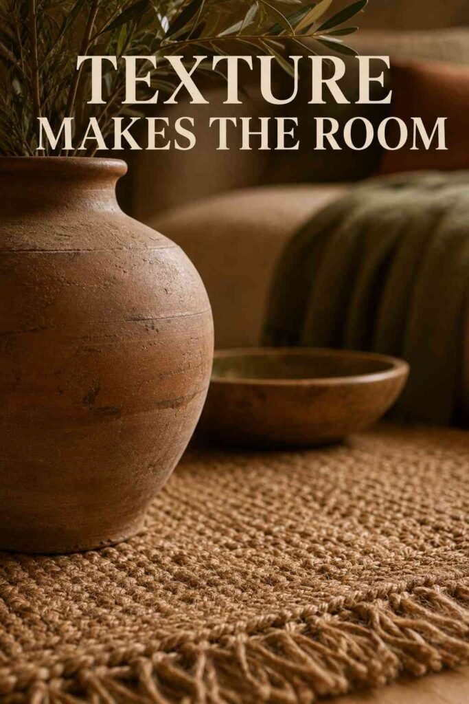 Inspiring 22 Earthy Living Room Ideas to Bring Warmth, Texture, and Calm Into Your Home 3 Close-up of hand-thrown clay pottery and jute rug texture in an earthy living room styling detail."