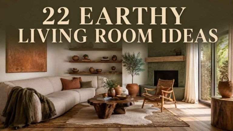 Earthy living room with clay walls, olive accents, and a curved bouclé sofa in warm morning light.