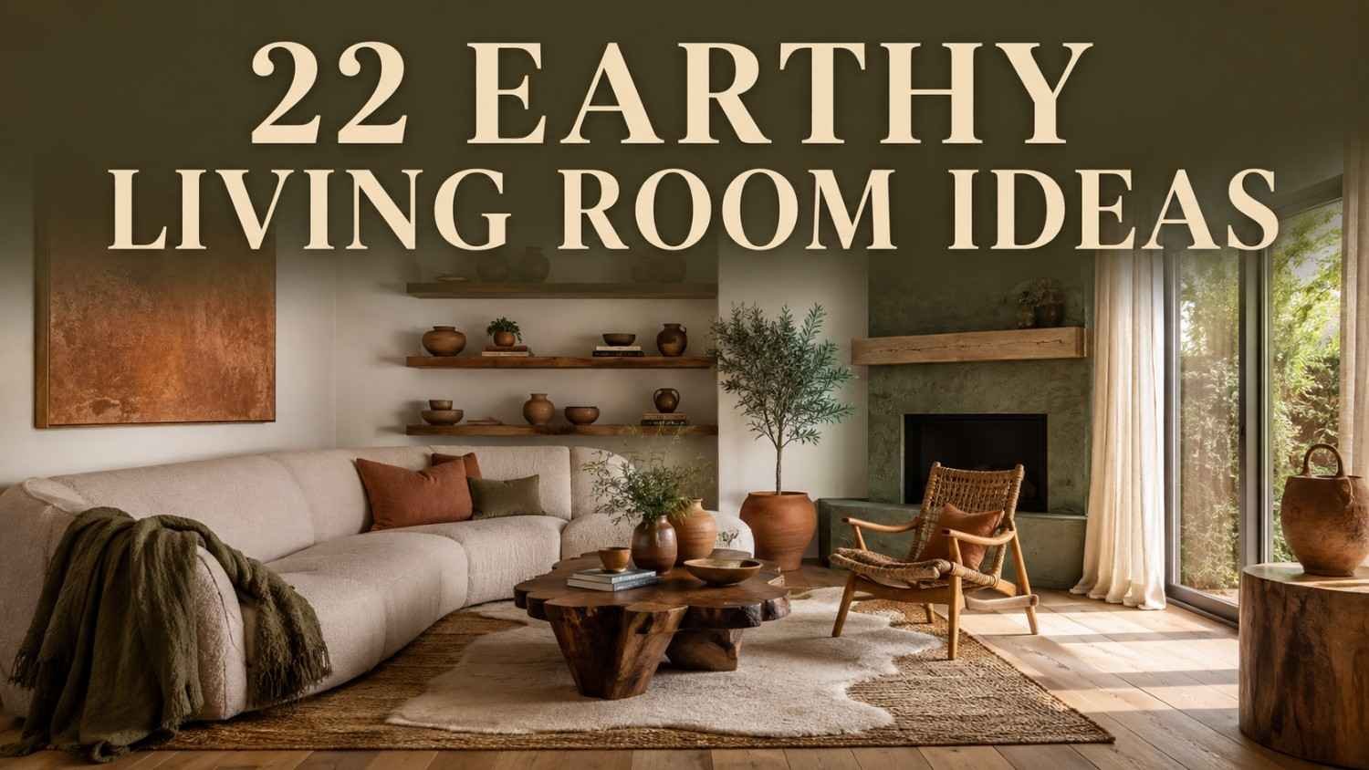 Earthy living room with clay walls, olive accents, and a curved bouclé sofa in warm morning light.