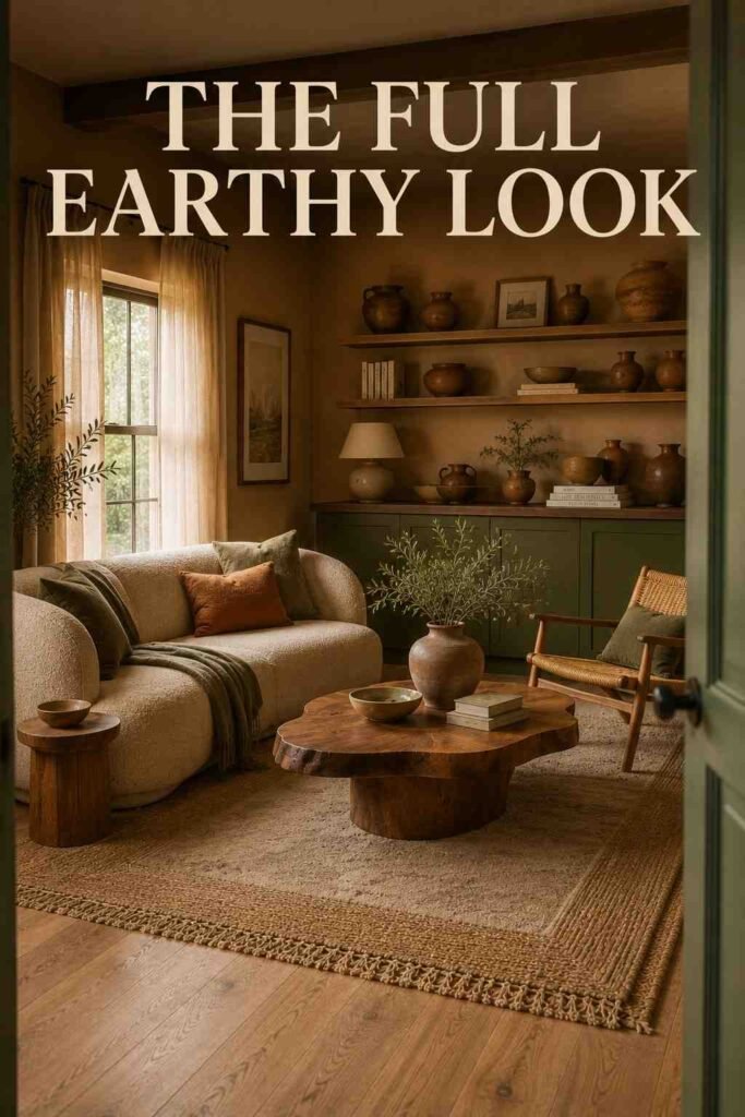 Inspiring 22 Earthy Living Room Ideas to Bring Warmth, Texture, and Calm Into Your Home 5 Earthy living room viewed through a doorway with backlit linen curtains and warm clay tones.