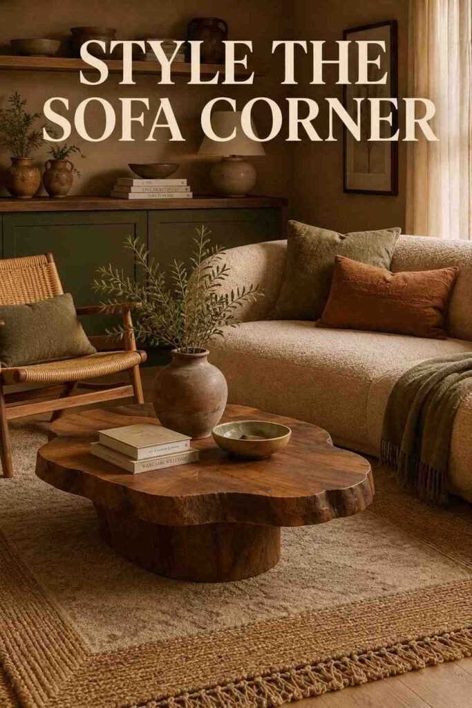 Inspiring 22 Earthy Living Room Ideas to Bring Warmth, Texture, and Calm Into Your Home 4 Styled sofa and coffee table vignette in an earthy living room with rattan chair and clay pottery.
