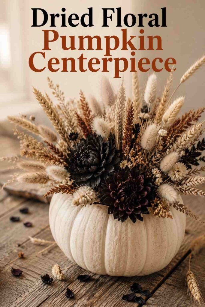 Pale pumpkin filled with dried florals and wheat stalks as a table centerpiece.