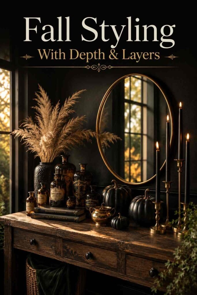 Three-quarter angle view of a styled black and gold Halloween entryway table with layered decor pieces.
