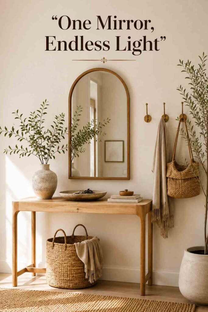 Eye-level view of a styled entryway console table with an arched mirror and brass wall hooks above it.