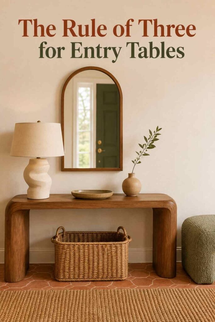 A styled walnut console table with a cream ceramic lamp, a stoneware tray, and a bud vase beneath an arched wood-frame mirror.