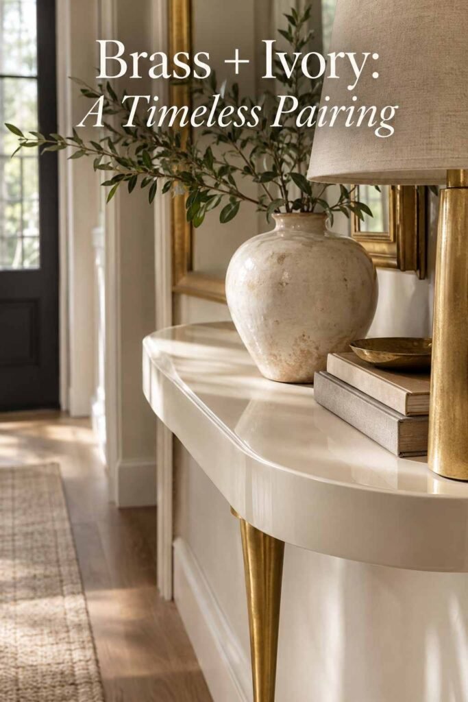 Vibrant 25 Entryway Table Decor Ideas That Make Every Guest Notice 4 Close-up of a brass console table leg and linen lamp shade texture.
