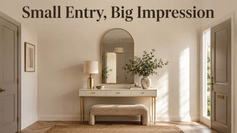 Ivory and taupe entryway with a brass-legged console table, arched brass mirror, and jute runner.