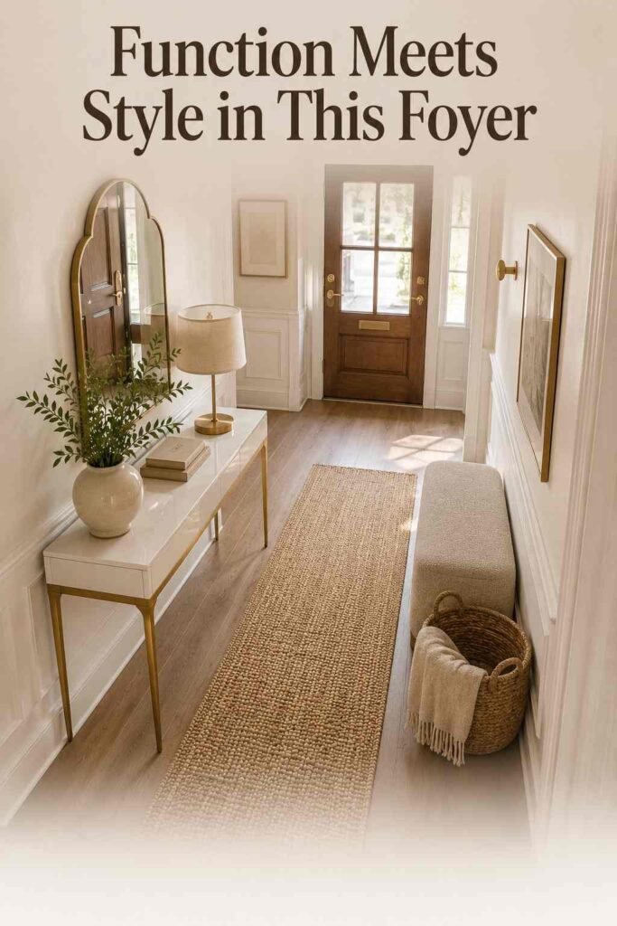 Vibrant 25 Entryway Table Decor Ideas That Make Every Guest Notice 6 Fully styled ivory and taupe entryway with console table, mirror, leaned art, and bench.