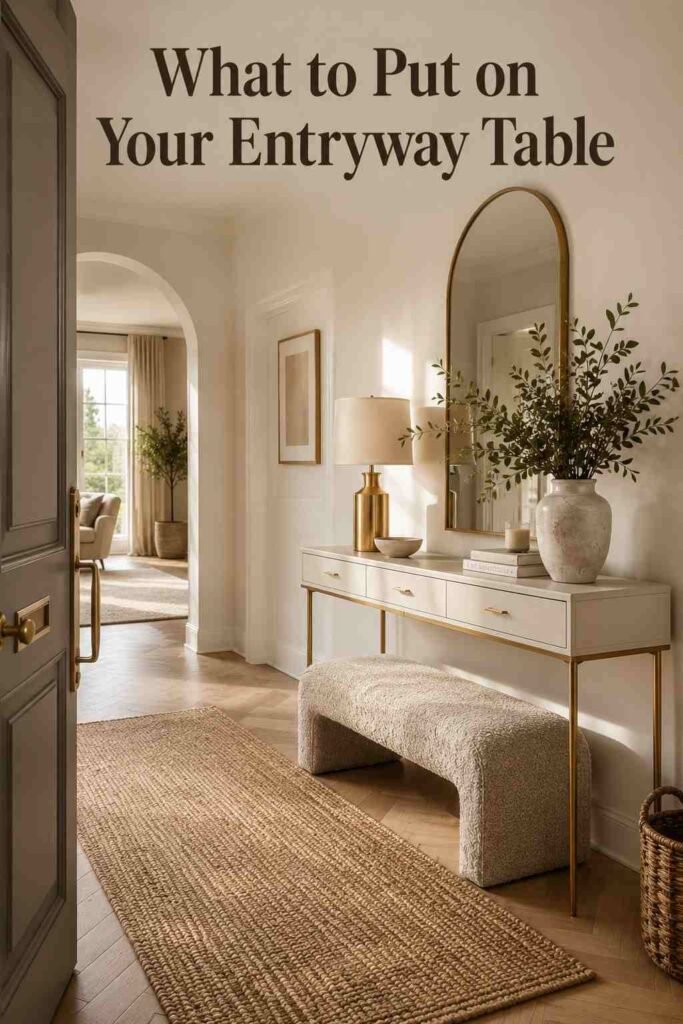 Vibrant 25 Entryway Table Decor Ideas That Make Every Guest Notice 2 Entry hallway view from the front door showing a console table and bench along a taupe wall.