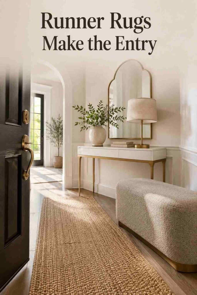 Vibrant 25 Entryway Table Decor Ideas That Make Every Guest Notice 5 Low-angle view down a jute runner rug toward a styled console table and mirror.
