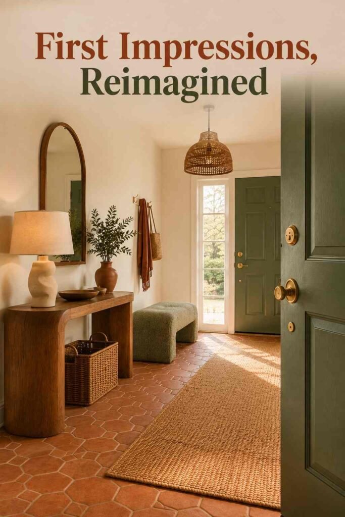 View from just inside a front door looking down an entryway toward a bench and arched mirror, lit by a rattan pendant light.