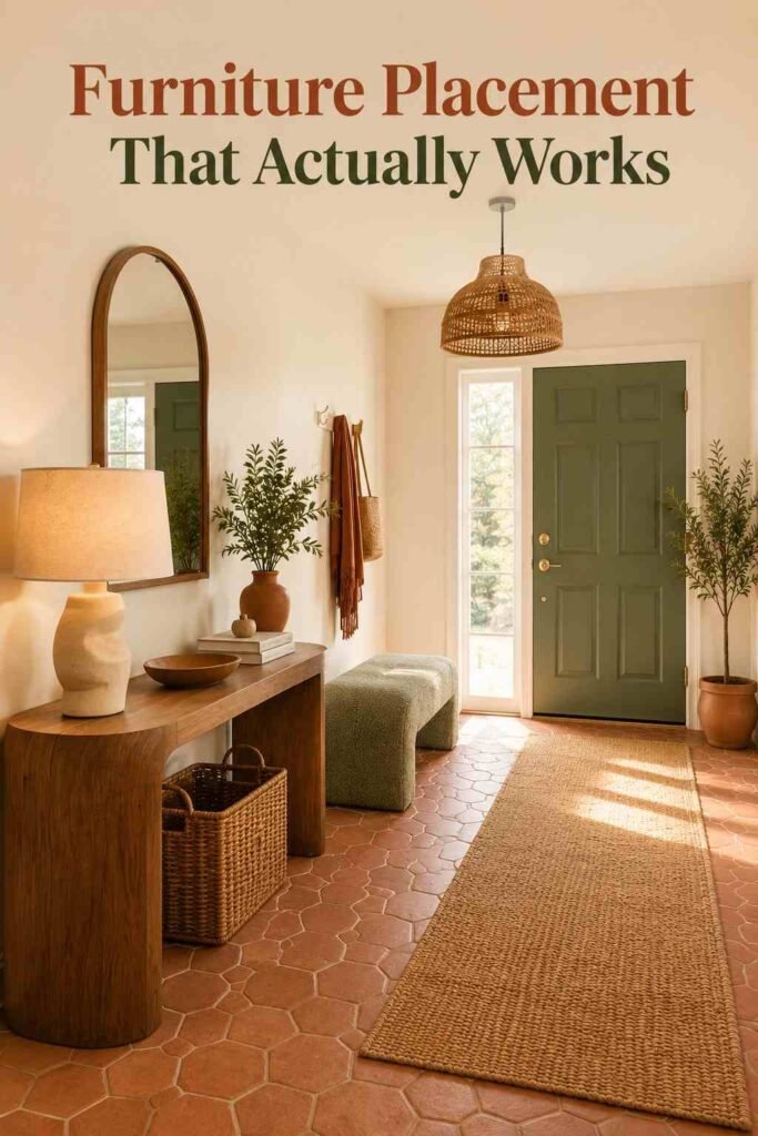 A three-quarter angle view of an entryway showing a bench, storage basket, and curved console arranged along a narrow hallway with terracotta tile flooring.