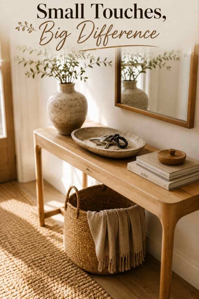 Close-up of a jute runner rug and a wood console tabletop styled with a stoneware tray in a small entryway.