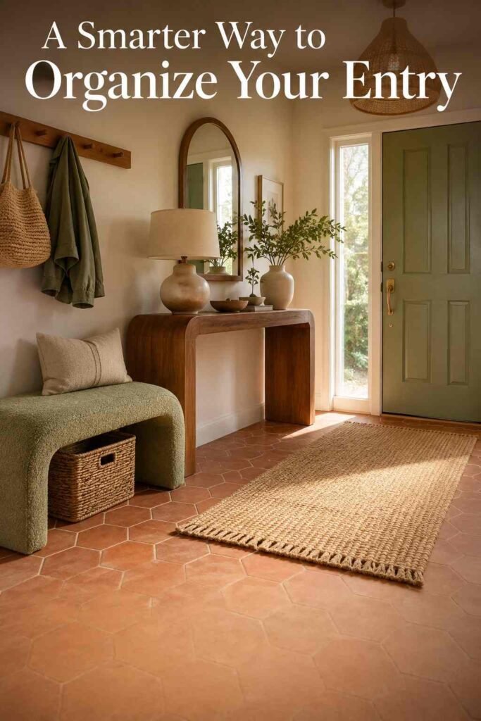 Elevated wide-angle view of an entryway functional zone with a bench, woven storage basket, wall hooks, and console table.