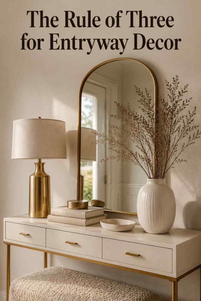 Vibrant 25 Entryway Table Decor Ideas That Make Every Guest Notice 3 Styled console table top with a ceramic vase, brass lamp, stacked books, and catch-all dish.