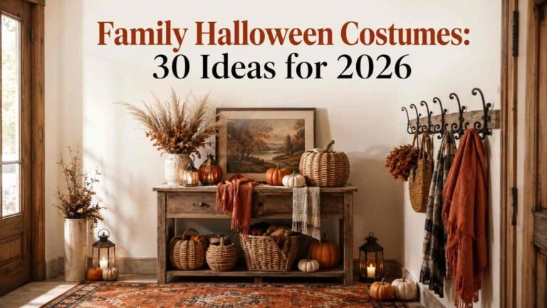 ozy autumn entryway decorated for family Halloween costumes, with pumpkins, lanterns, and layered rugs.