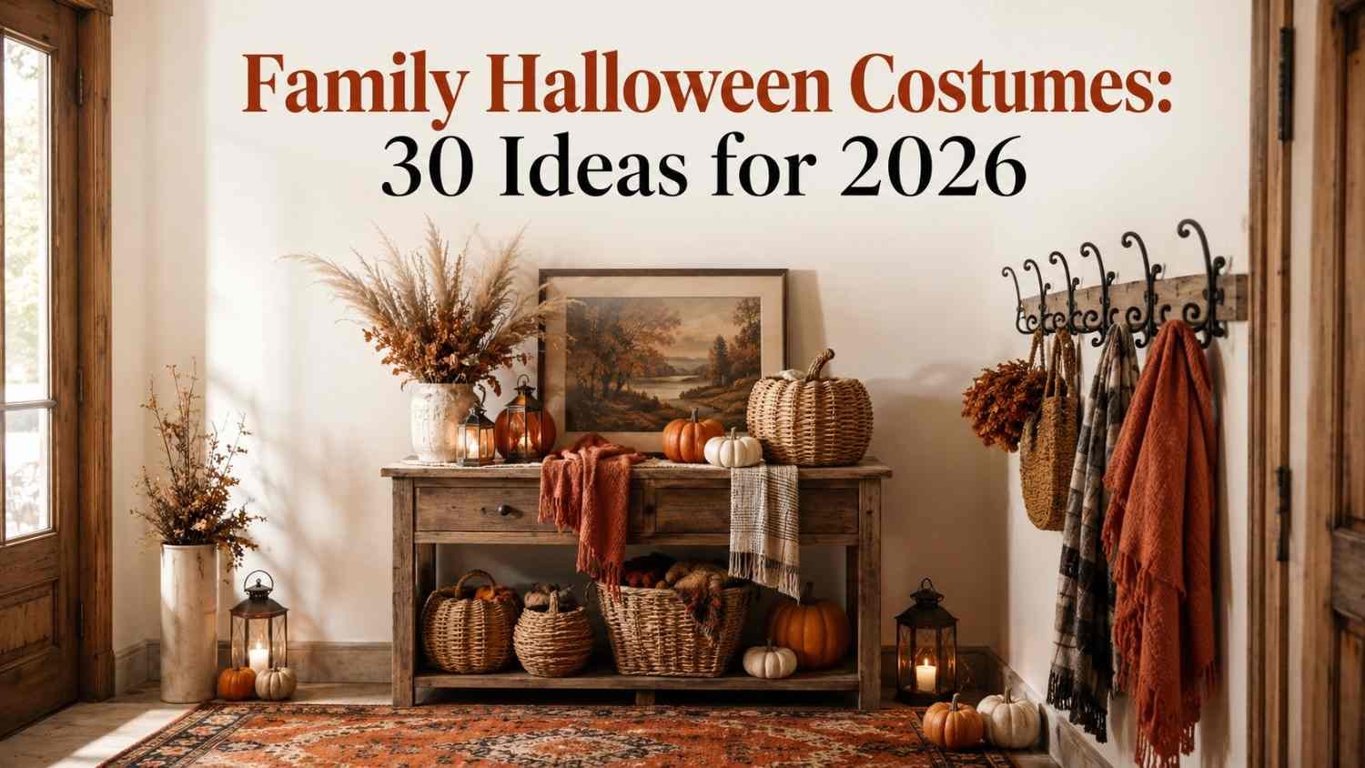 ozy autumn entryway decorated for family Halloween costumes, with pumpkins, lanterns, and layered rugs.