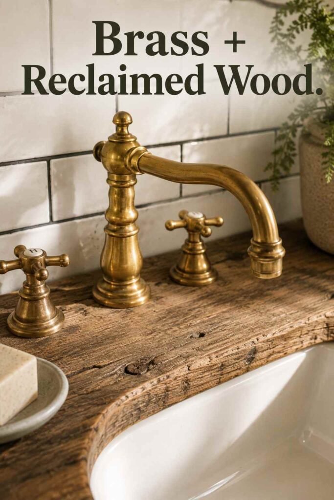 Close-up of a brass faucet against reclaimed wood grain, a farmhouse bathroom hardware idea.