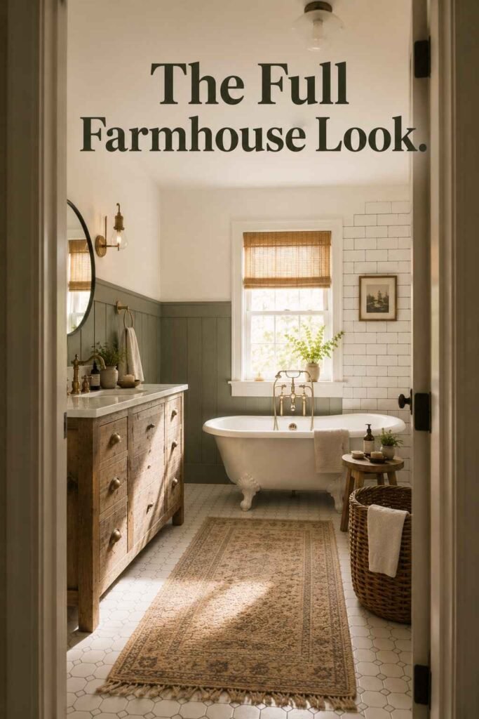 Farmhouse bathroom viewed through a doorway with a clawfoot tub and sage green walls.