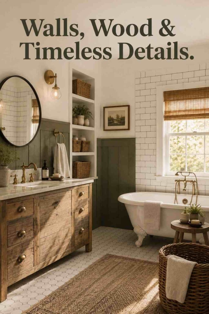 Corner view of a farmhouse bathroom with sage green wainscoting meeting a reclaimed wood vanity.