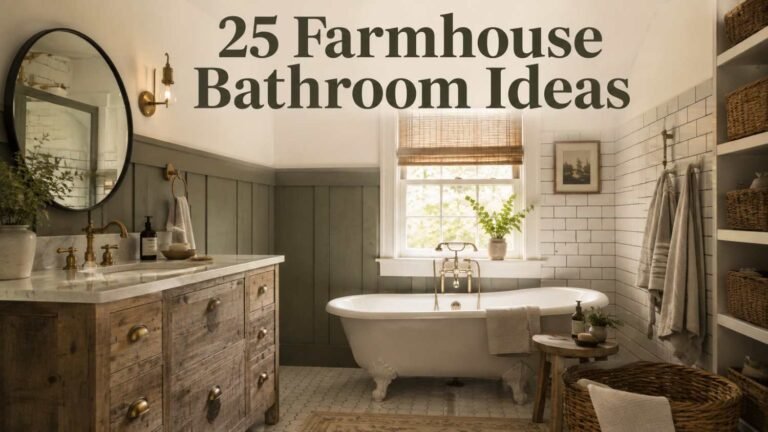 Modern farmhouse bathroom with sage green wainscoting, clawfoot tub, and reclaimed wood vanity in morning light.