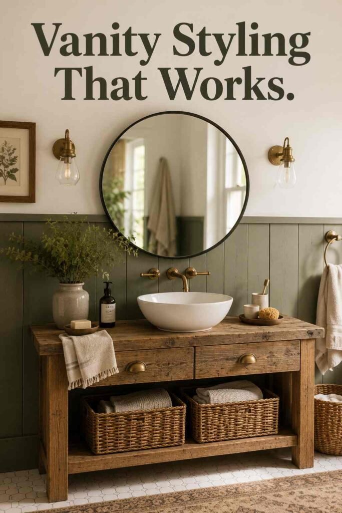 Reclaimed wood vanity with vessel sink and woven baskets, a farmhouse bathroom vanity idea.