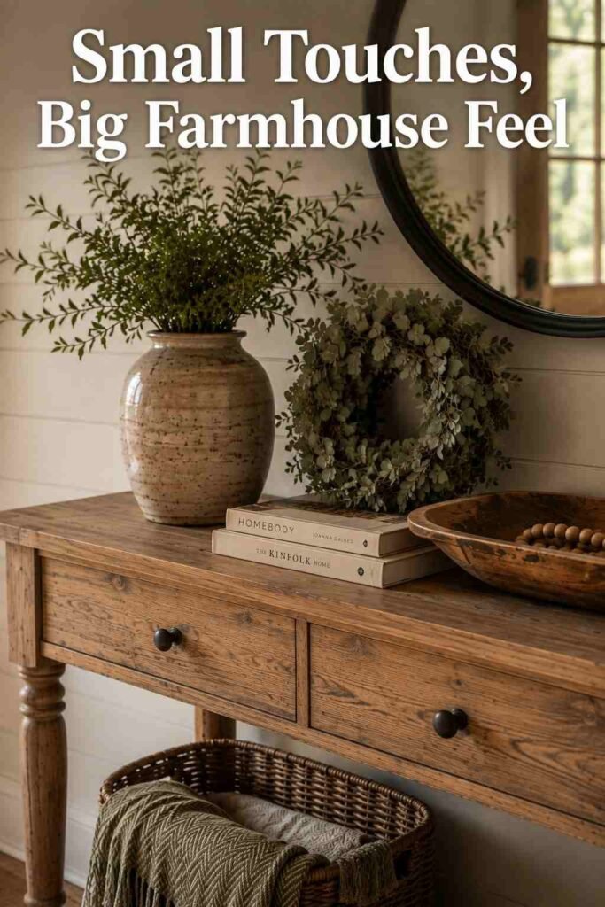 Close-up of a wood console table with a ceramic vase, stacked books, and a small eucalyptus wreath.