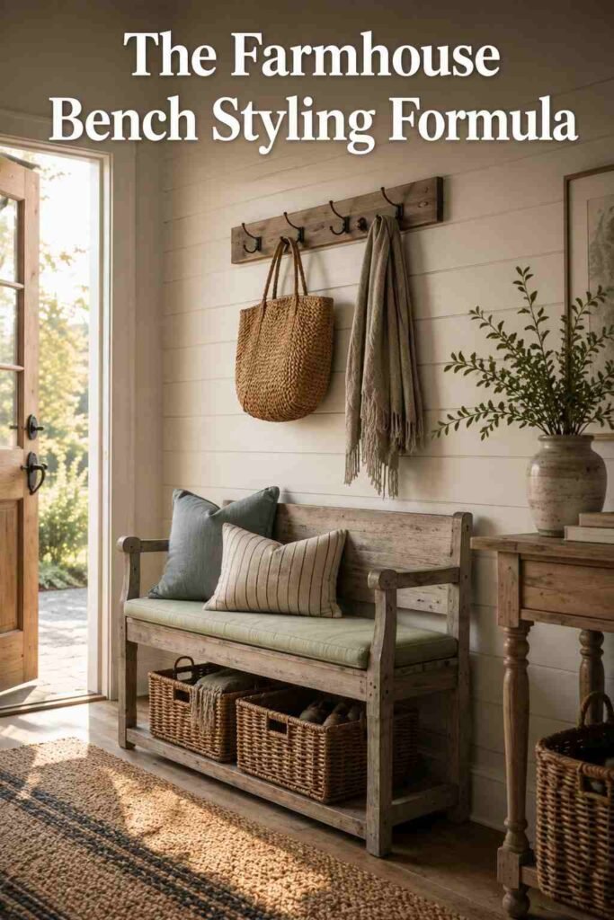 Farmhouse bench styled with a sage green cushion, dusty blue pillow, and woven basket underneath.