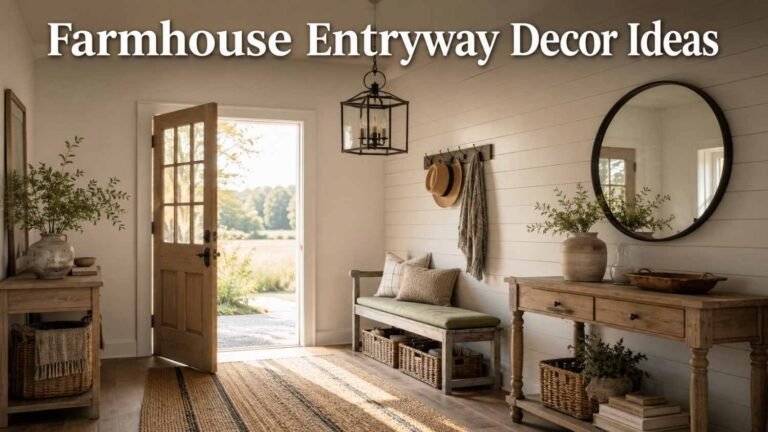 Farmhouse entryway with shiplap wall, weathered wood bench, and black lantern pendant light