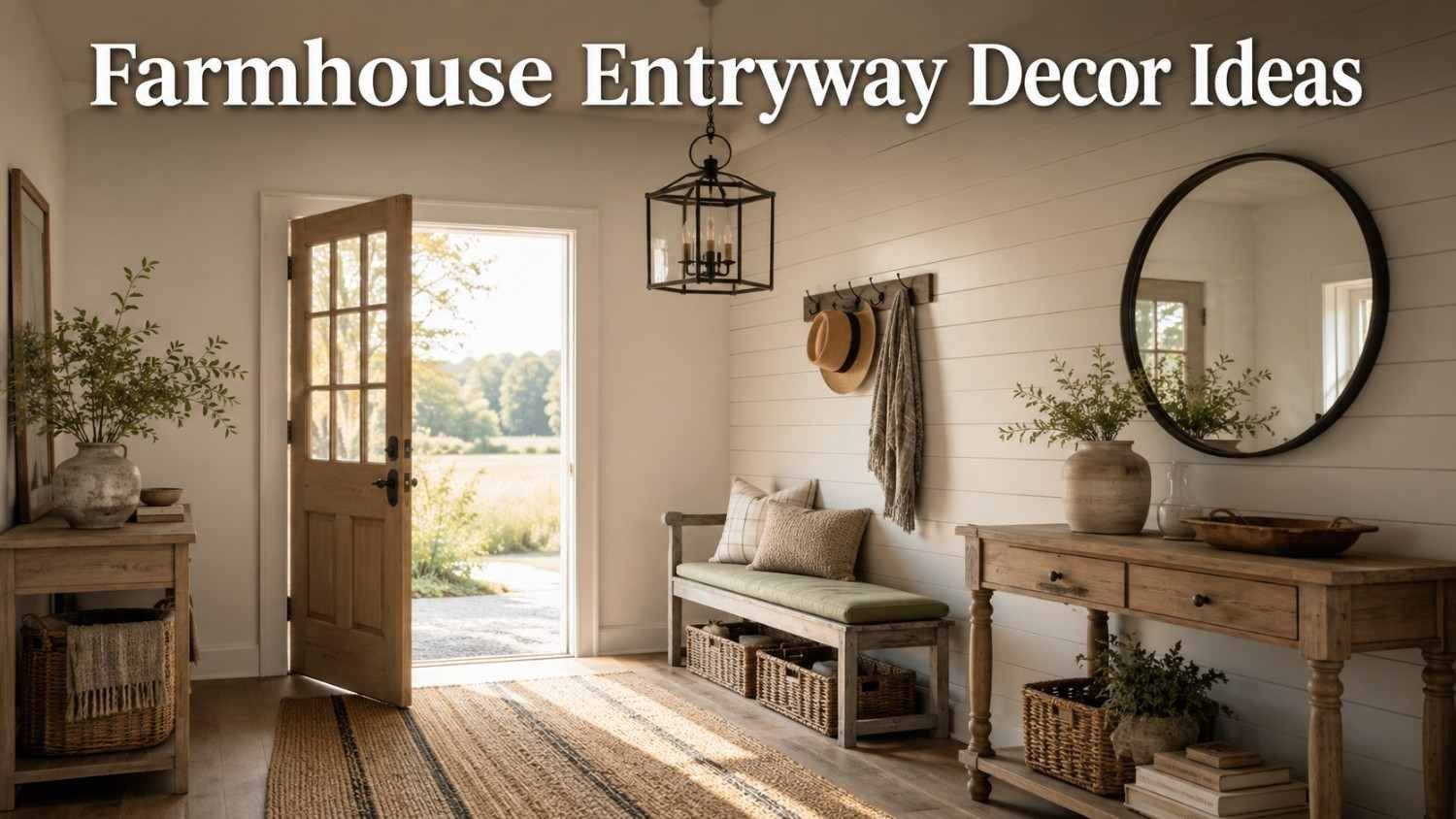 Farmhouse entryway with shiplap wall, weathered wood bench, and black lantern pendant light