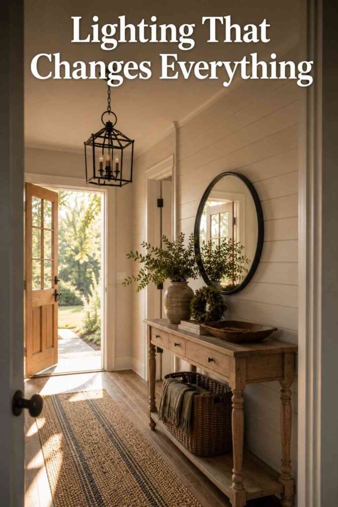 Black lantern-style pendant light hanging in a farmhouse entryway near a round mirror.