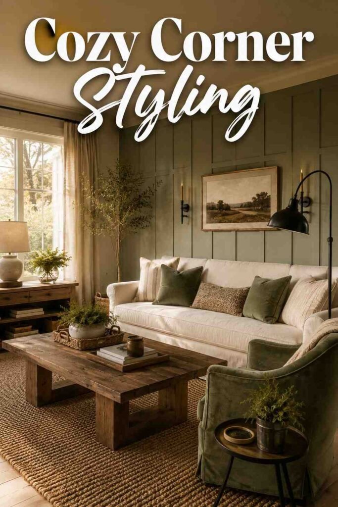 Inspiring 22 Farmhouse Living Room Ideas to Transform Your Space in 2026 2 Farmhouse living room corner with jute rug, linen sofa, and black iron floor lamp against shiplap walls.